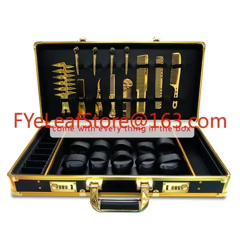 Custom Logo 10pcs/set Luxury Gold Barber Haircut Tools Case Organizer Box Aluminum Password  For Stylist Travel Carry Case