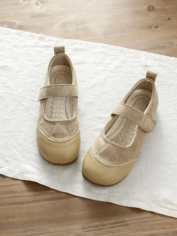 Retro Mary Jane Flat Bottom Casual Shoes Women's Slip-On Birkenshoes Spring New Style Soft Sole Magic Tape Velvet Surface