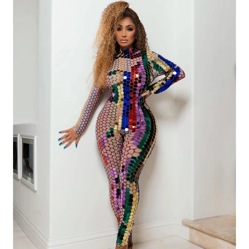 

Mirror Rhinestones Transparent Jumpsuit Long Sleeve Birthday Prom Party Dress Dancer Show Outfit Stage Wear Singer