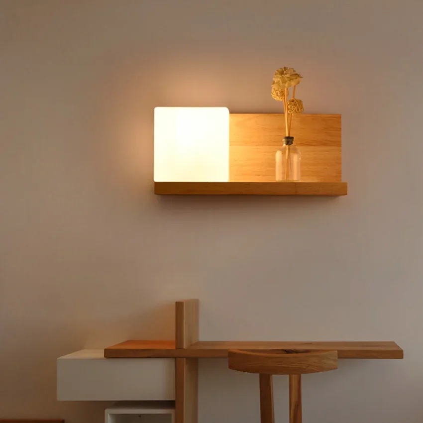 Japaness Wooden Wall Sconce Lights for Bedroom Bedside Hotel Restaurant Hallway Aisle Decoration Wood Lamp Fixtures Glass Modern