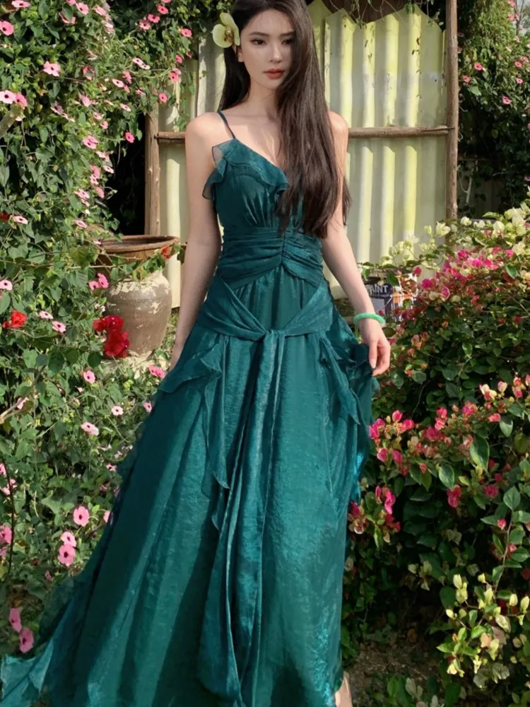 Vintage Green Ruffles Womens Dresses Sexy Spaghetti Strap Lace-up Party Dress Summer A-line Vestidos Chic Robe Female Clothing