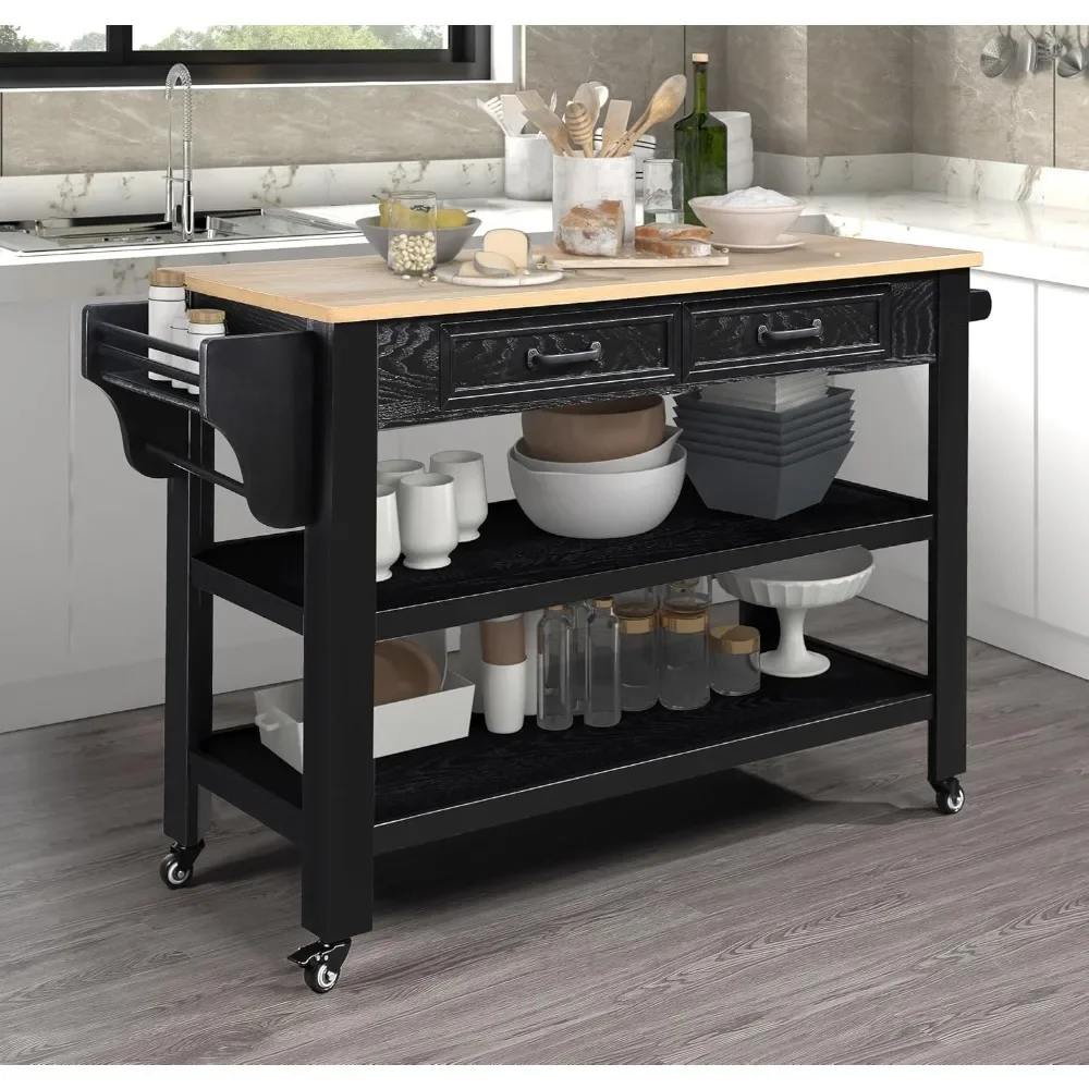 Kitchen Island 57'' Mobile  Solid Oak Table Top 2 Drawers 2 Shelves Poplar Wood Legs Spice Rack Towel Rack Movable on Wheels