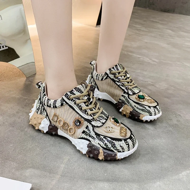 Spring Summer Rhinestone Women Sneakser Ins Tide Diamond Breathable Luxury Designers Casual Thick Bottoms Dad Shoes Sneaker