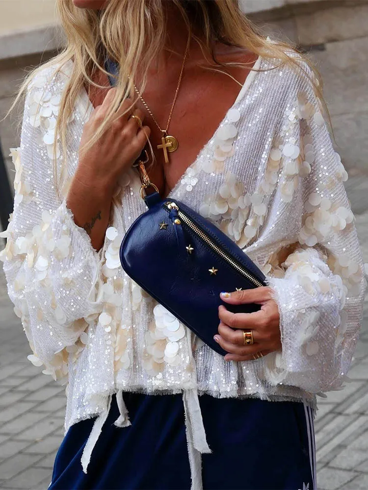 

Однотонный кардиган с v-образным вырезом и блестящими длинными рукавами на шнуровке для весны и лета, новый модный повседневный топ