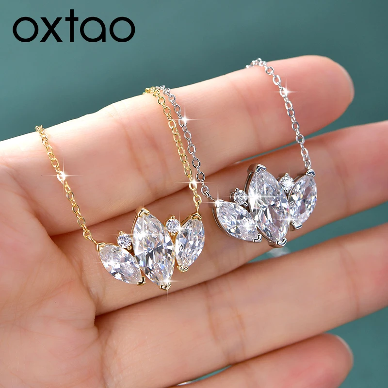 

OXTAO 14K Gold Filled Leaf-Shaped Crown Pendant Necklace for Women Sparkling Cubic Zirconia Clavicle Chain Necklace Fine Jewelry