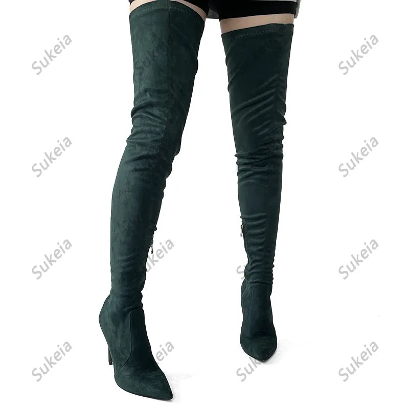 Sukeia Handmade Women Spring Thigh Boots Side Zipper Sexy Thin Heels Pointed Toe Dark Green Cosplay Shoes Ladies US Size 5-15