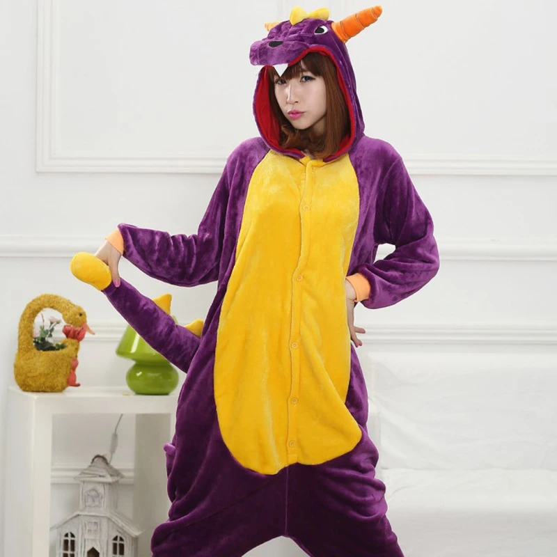 Família inverno uma peça roxo dinossauro desenhos animados pijamas com dois chifres de dragão asas poliéster quente confortável sleepwear cosplay