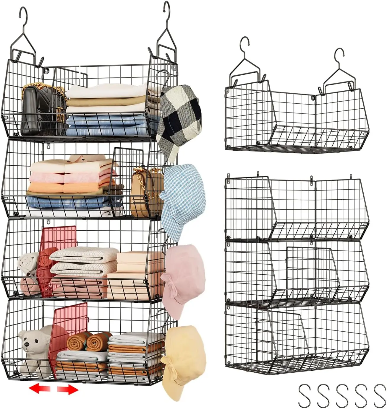 

4-Tier Hanging Closet Organizer with Dividers, Large Storage Shelf with 5 Hooks, Black