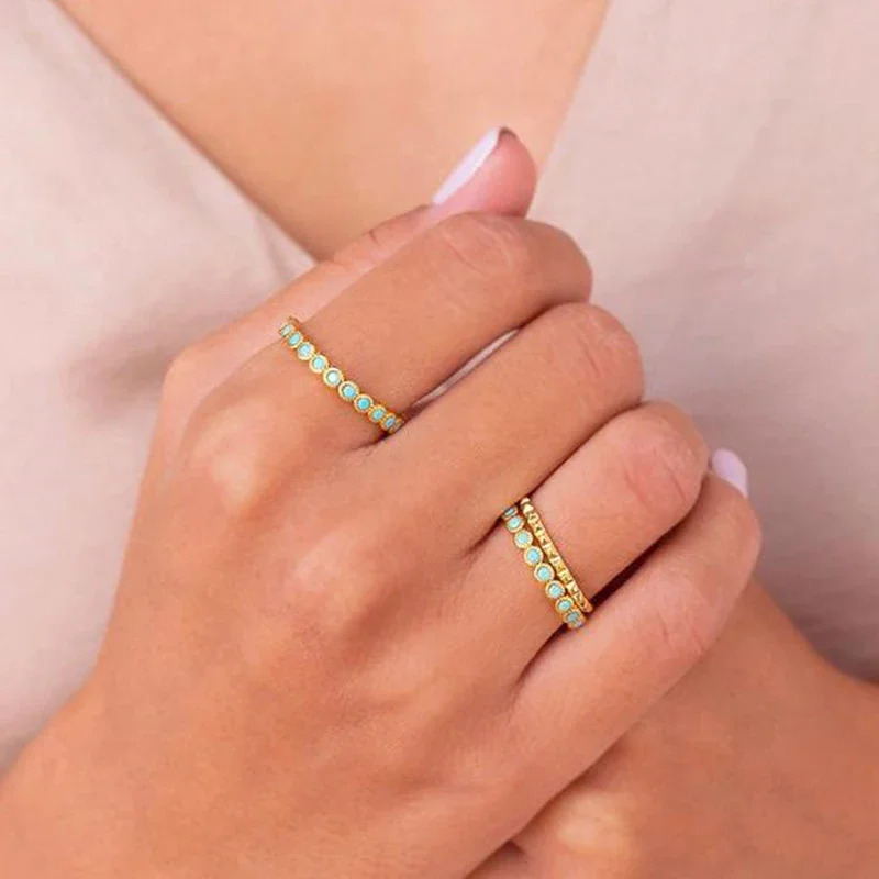 YUXINTOME 24k Gold-Plated Silver Exquisite Circle Pave Blue Turquoise Charm Shiny Gold Color Ring For Women Trendy Fine Jewelry