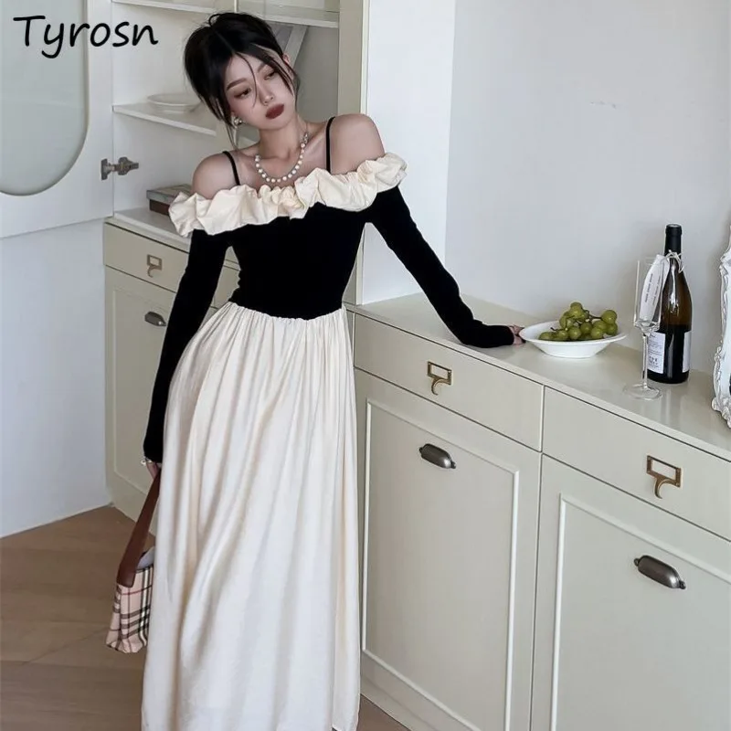 

Long Sleeve Midi Dresses Women Ruffles Backless Slash Neck Vintage Female's Sling A-line Dress Fall Patchwork Off Shoulder Sexy