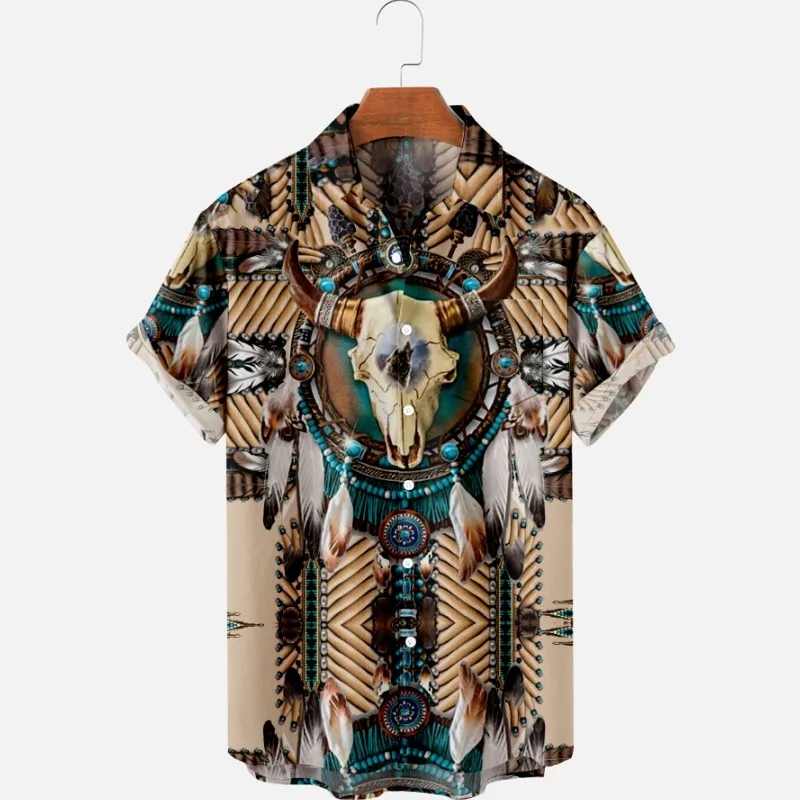 Fashion Men's Summer T-Shirts Hawaiian Indians 3D Print Cozy Casual One Button Shirts Short Sleeve Beach Oversized Shirts