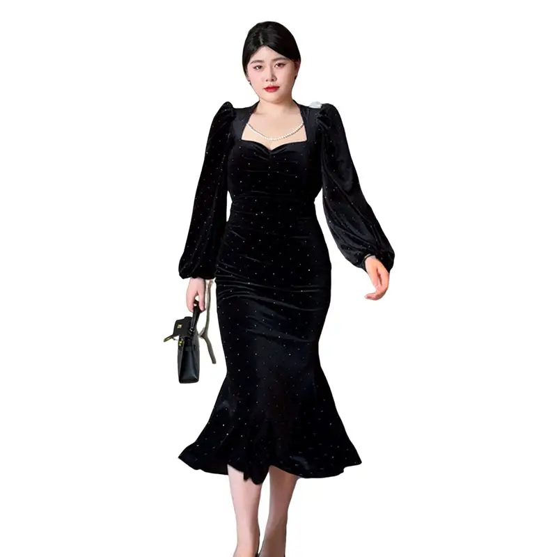 Robe longue queue de poisson style Hepburn, manches lanterne, bouche carrée, col, sac de taille, grande taille, tempérament à la mode, nouveau, 2024