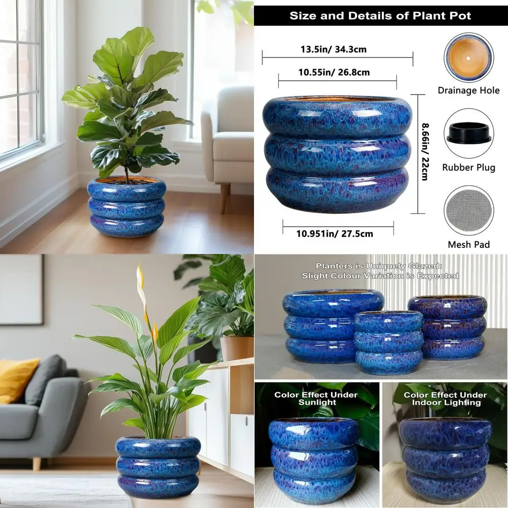 

SQOWL Ceic Pot или Plants 13,5 дюймов - Кашпо для улицы, большой горшок для растений в помещении с дренажным отверстием, круглый нижний горшок - Кашпо для века