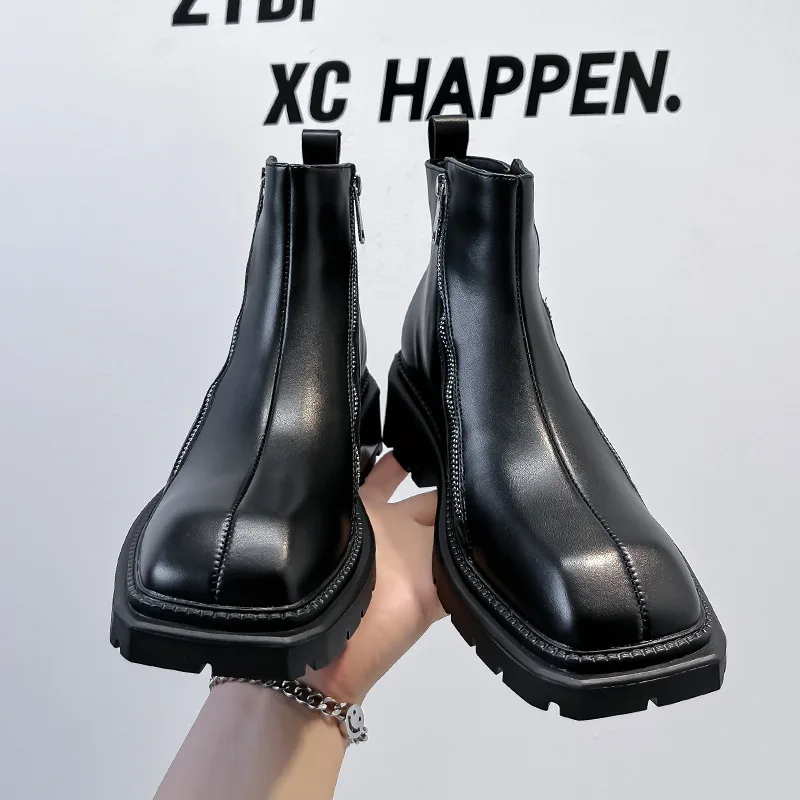 Classic Chelsea Boots Square Toe Leather Shoes Black Ankle Boots Double Side Zipper Motorcycle Boots High Top Shoes Size 38-44