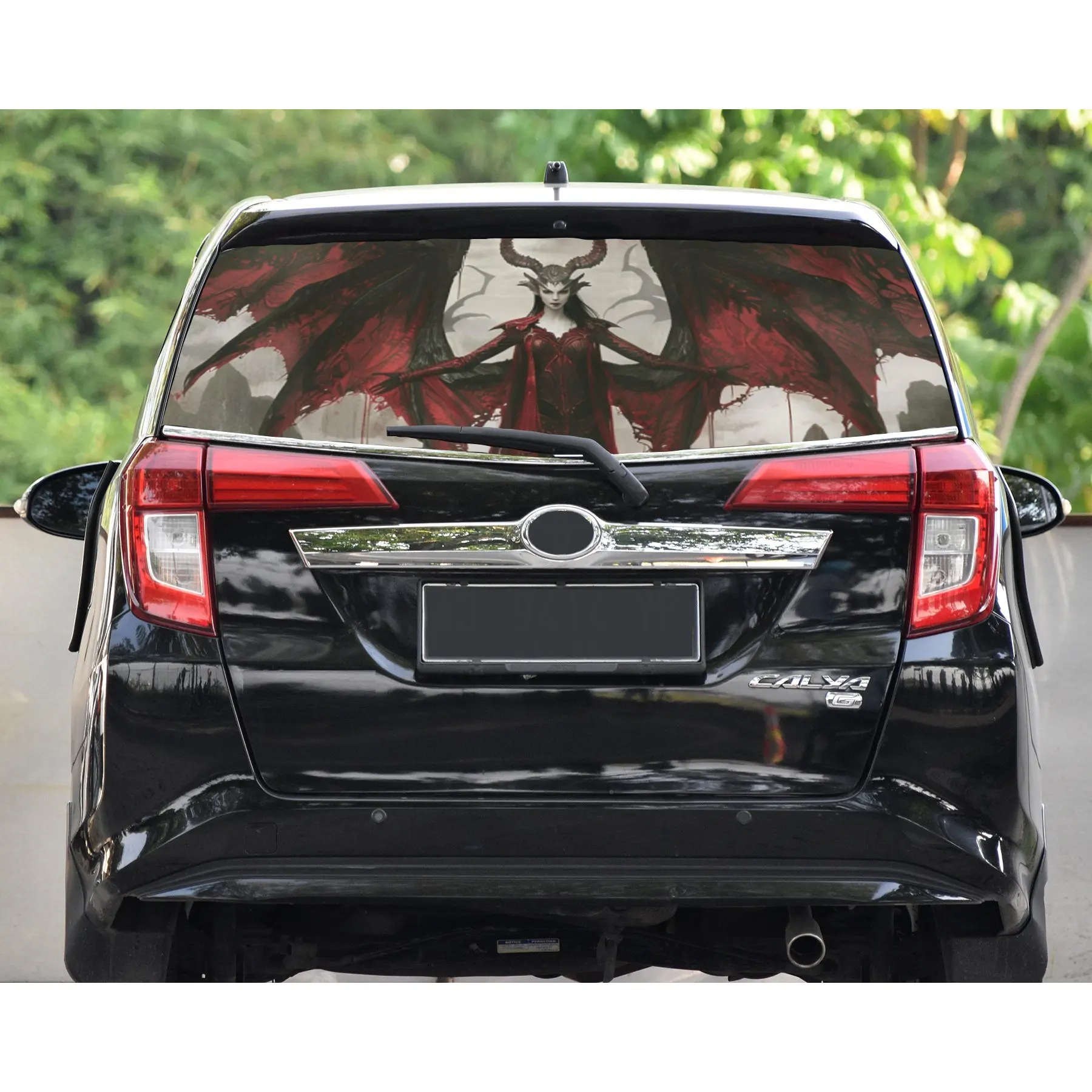 Fantasy Demoness pasa sus alas rojas, pegatina para parabrisas trasero de coche, ventana de camión transparente, vinilo perforado para ventana trasera W