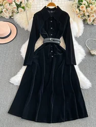 Women Velvet Dress Autumn Winter Single Breasted Lapel Turn Down Collar Long Sleeve Midi Dresses Shirt Office Lady Quality