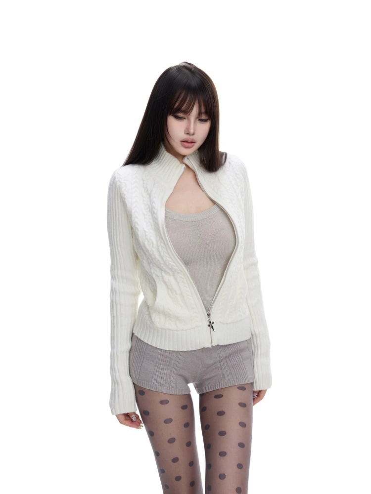 

White Knitted Sweater Women's Slim Fit High Collar Top Cardigan Outerwear Casual Sle Regular Sve Length Knitted Woolen