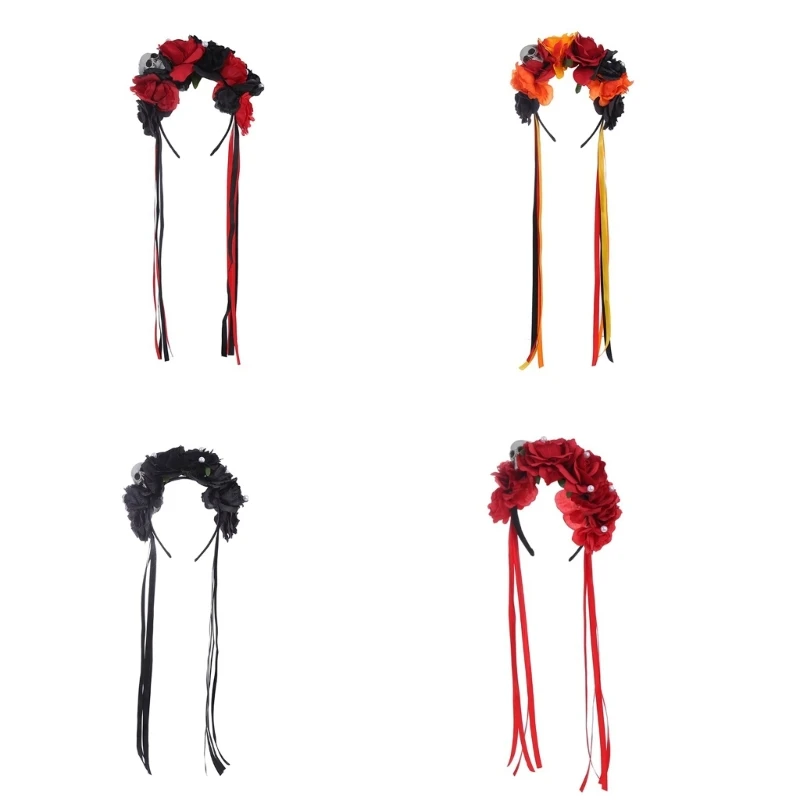 Goth Flower Crowns For Women Day Of the Dead Headband Gothic Skull Headband Tassel Flower Headband Halloween Headband