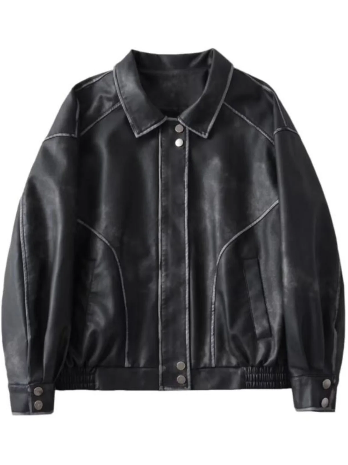 Kurtka Waed ze skóry PU, luźny krój, basic, styl hip-hopowy, pilotka, amerykański styl high street, efekt sprania, wiosna-jesień, niezbędna.