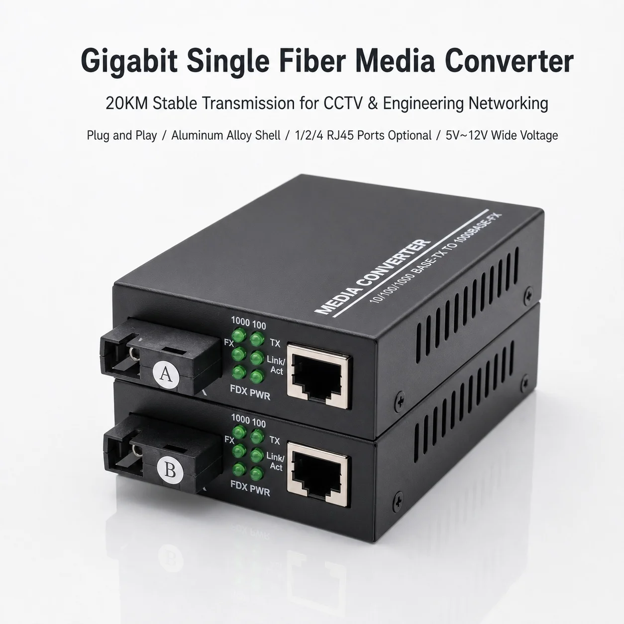 ギガビットシングルファイバーメディアコンバーター、scシングルモード3km、1光1-2-4-rj45トランシーバーa-bペア（cctv監視用）