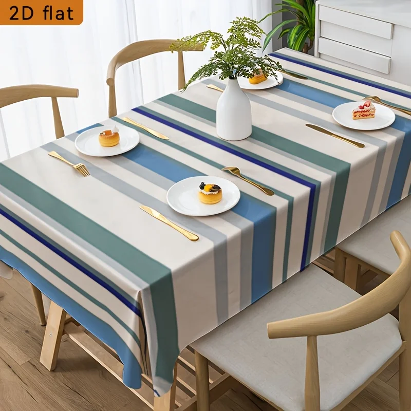 2D flat piece of tablecloth, rectangular party tablecloth, light blue and white vertical stripes