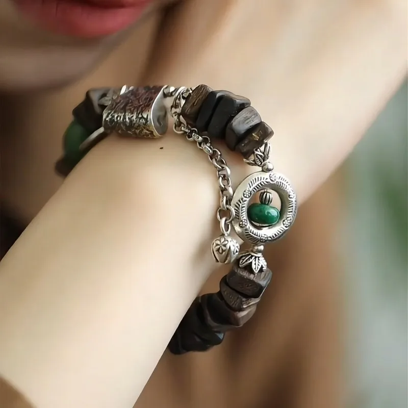 925-silver-vintage-new-chinese-style-agarwood-bracelet-elastic-bangle-antiqued-ethnic-green-agate-design-niche-handmade-jewelry