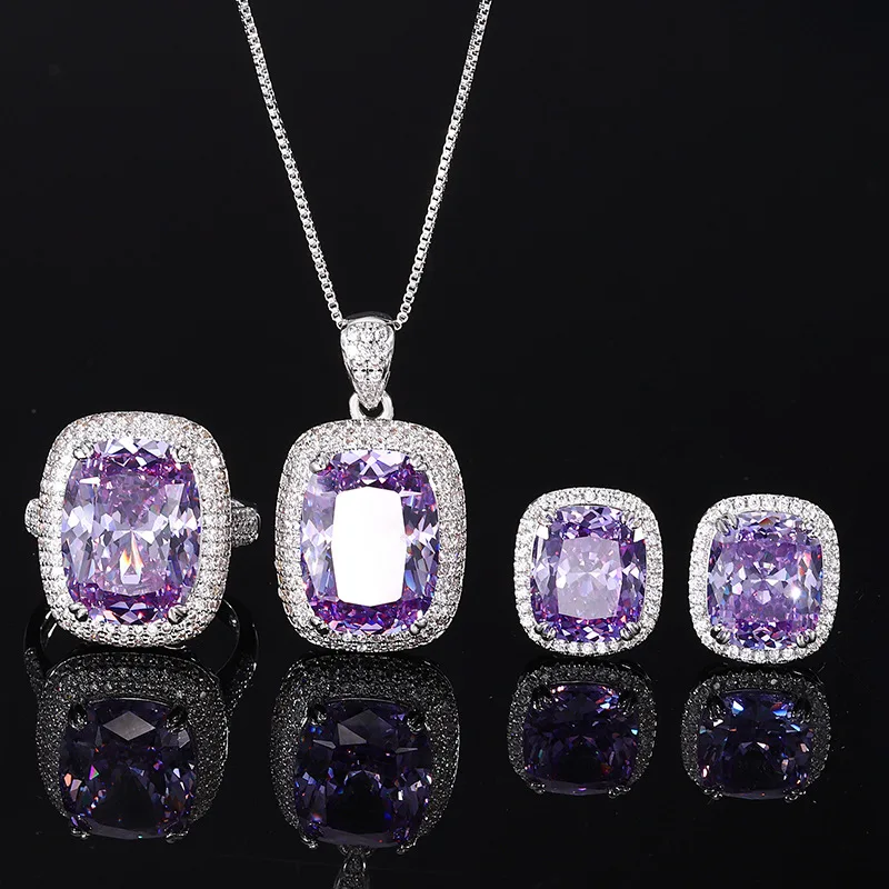 

Purple Champagne Orange Red High Carbon Diamond 5A Zircon Pendant Necklace Adjustable Ring Stud Earrings 3 Pieces Jewelry Set