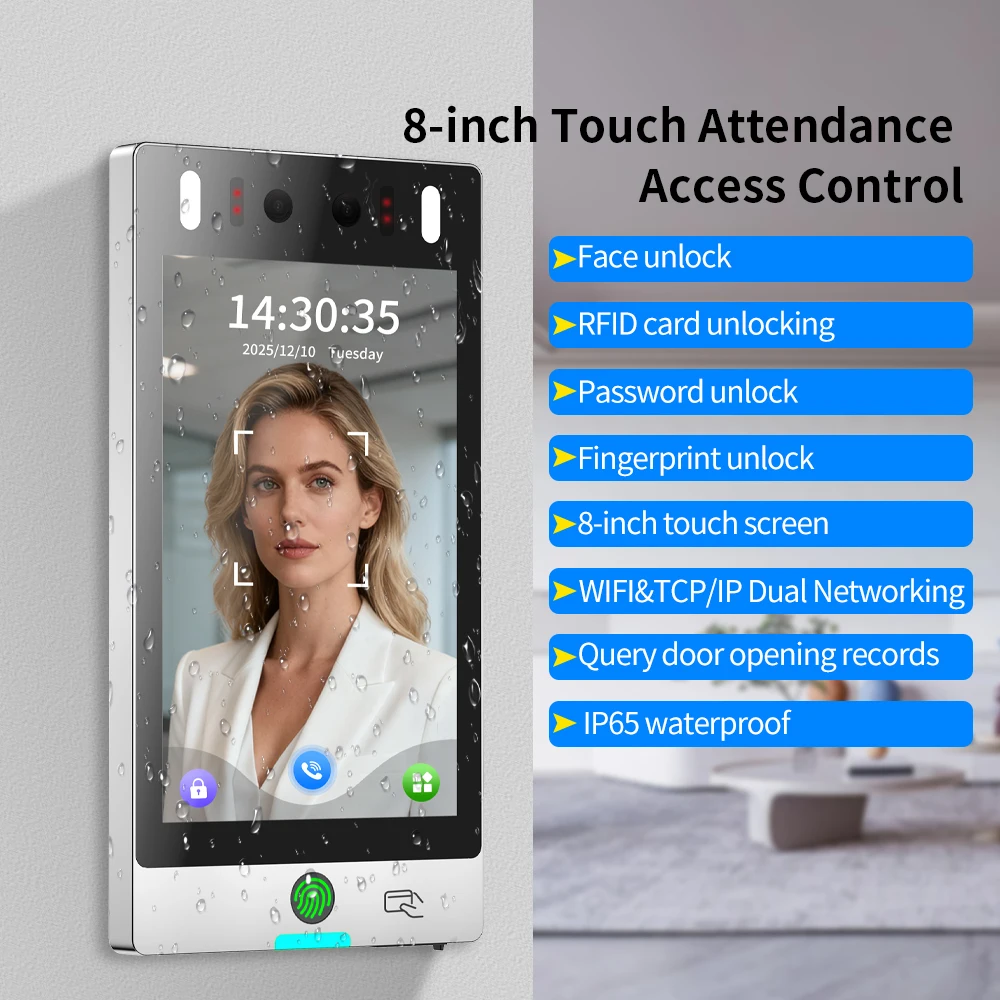 Asia Teco World Debut IP65 8inch 5000user TCP/IP WIFI Dynamic Face Recognition Access Control Attendance Machine Password+RFID