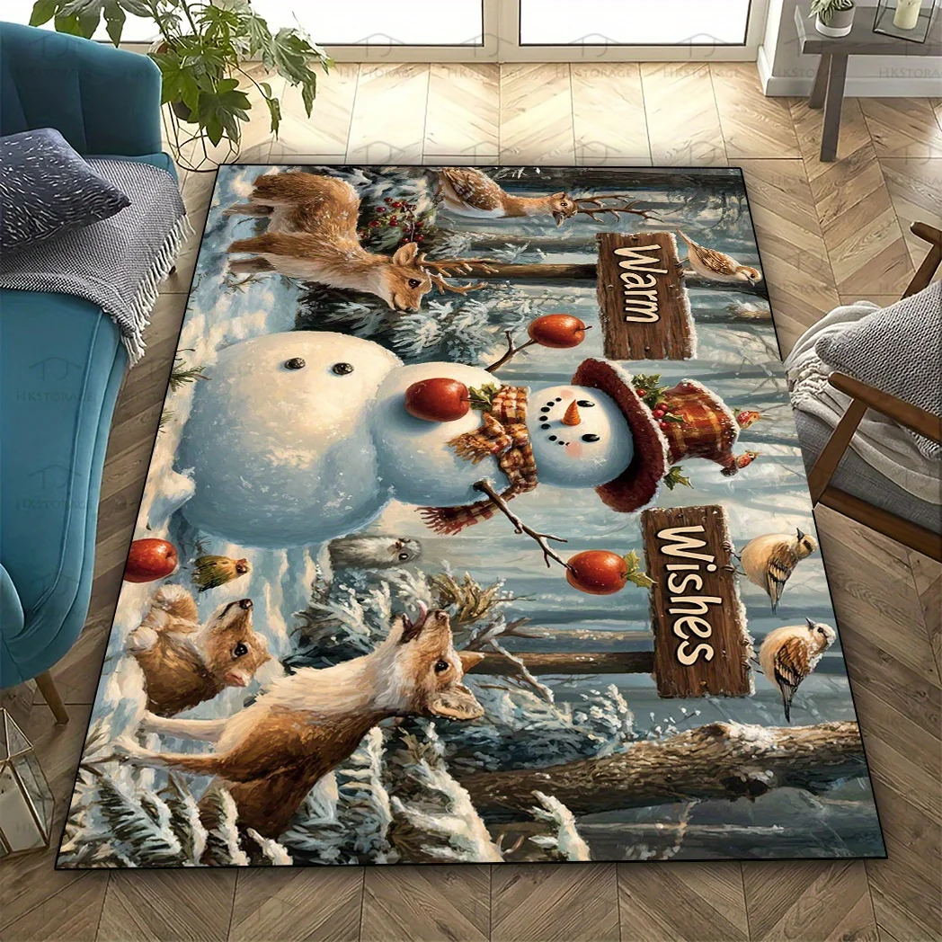 1pc Area Rug, 2D Flat Print Snowman & Forest Animals Pattern, Large Home Carpet for Living Room, Bedroom, Bathroom, Kitchen