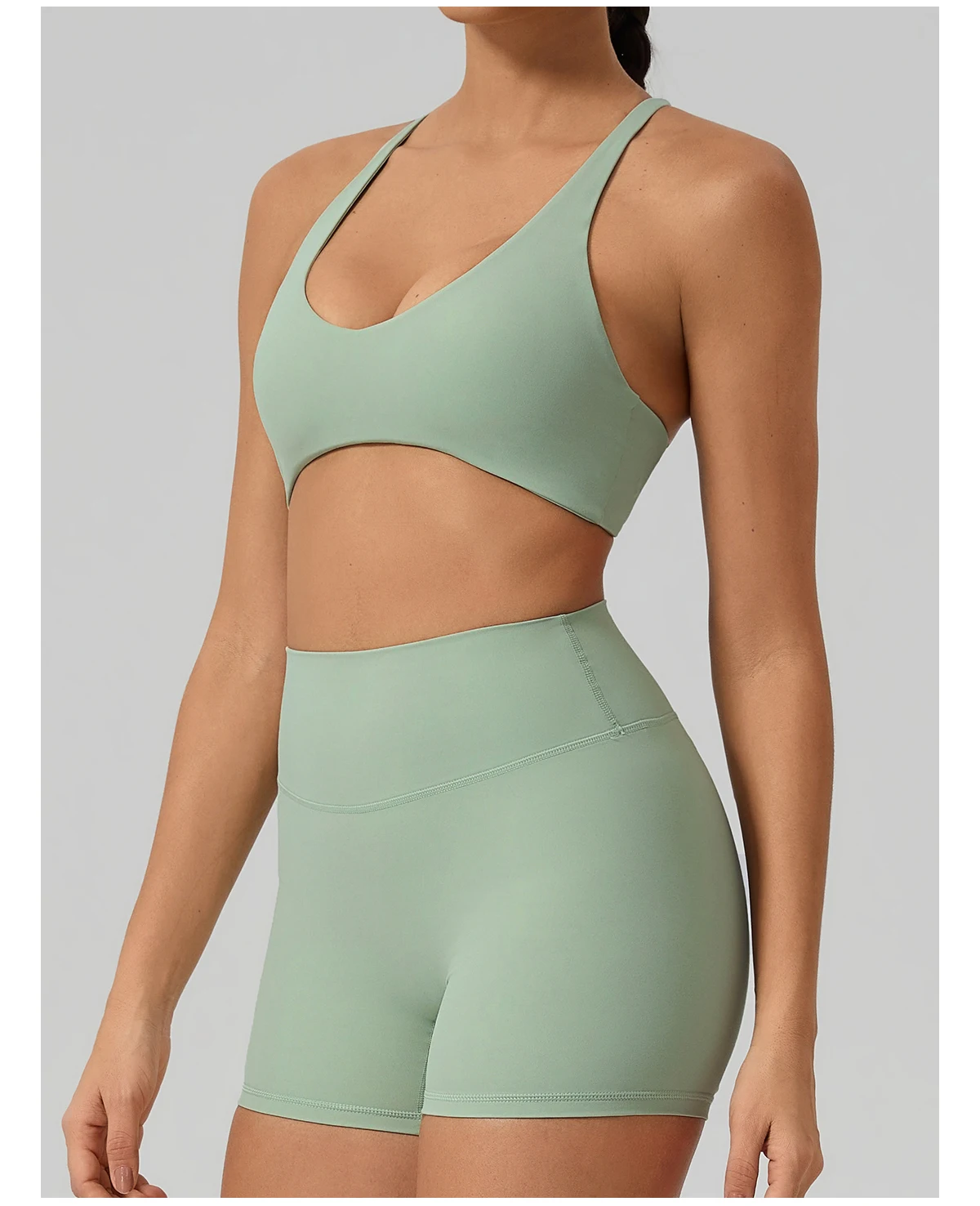 Hearuisavy Fitness-Set 2-teilig Damen Sport-BH mit Überkreuz-Rücken Yoga-BH Atmungsaktiv Schnelltrocknend Hochgeschnittene Enge Workout-Shorts – Detail 20