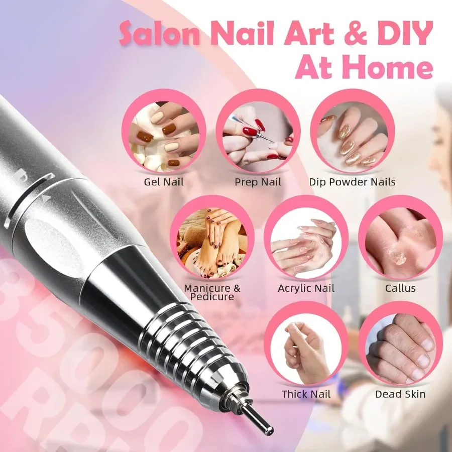 Kit de herramientas de taladro de uñas recargable portátil con lima de uñas eléctrica de alta velocidad de 35000RPM y pantalla LED para manicura profesional