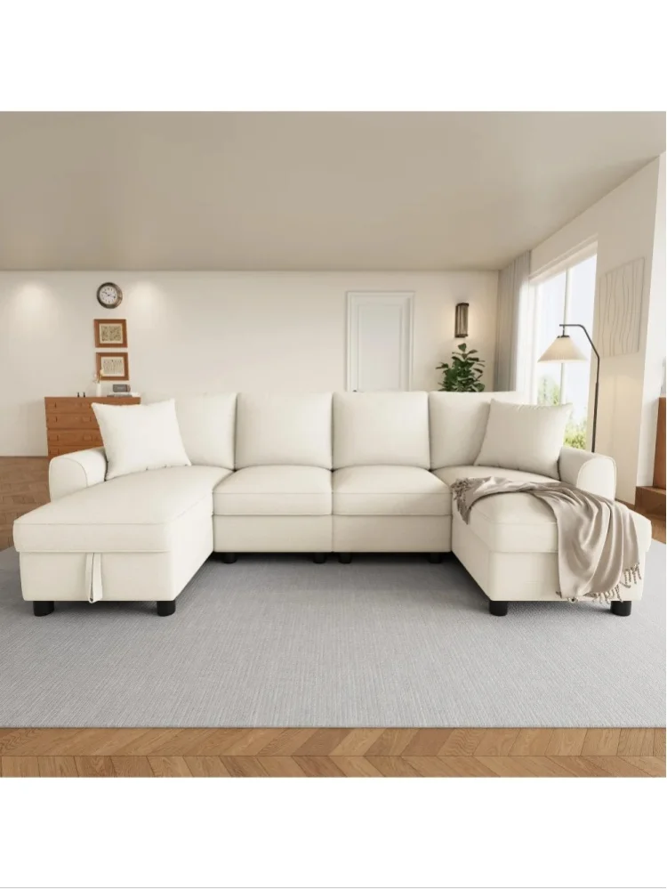 Großes U-förmiges Chenille-Modulsofa für das Wohnzimmer, 2-Sitzer-Ecksofa inklusive zwei Sessel-Langteilen und zwei Zierkissen, Sessel-Langteile mit praktischem Klappstauraum, weich gepolsterte Möbel