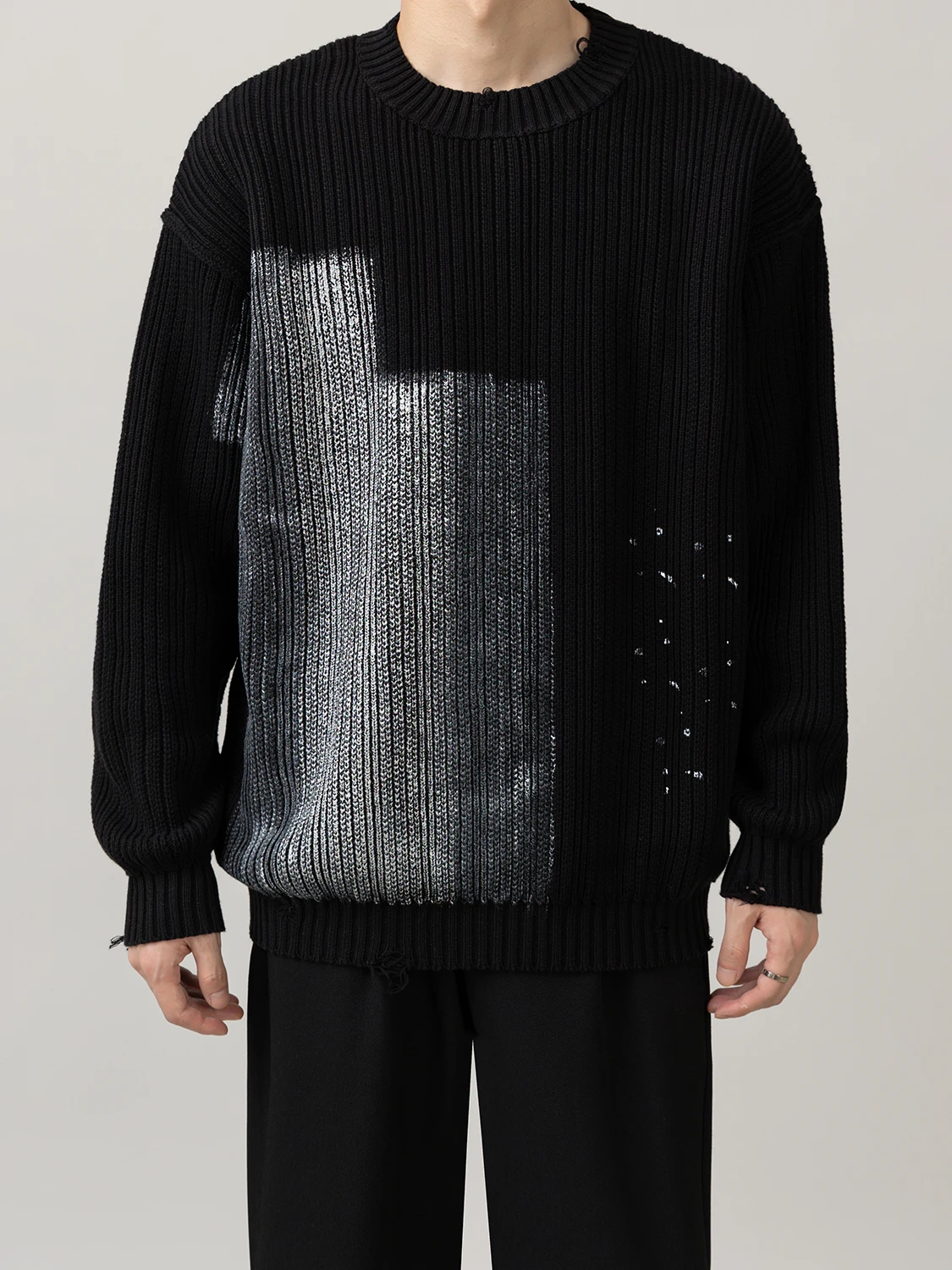 2025 Autumn Winter New Korean Style Men's Round Neck Design Sweater Loose Casual Black White Color Block Pullover Knitwear