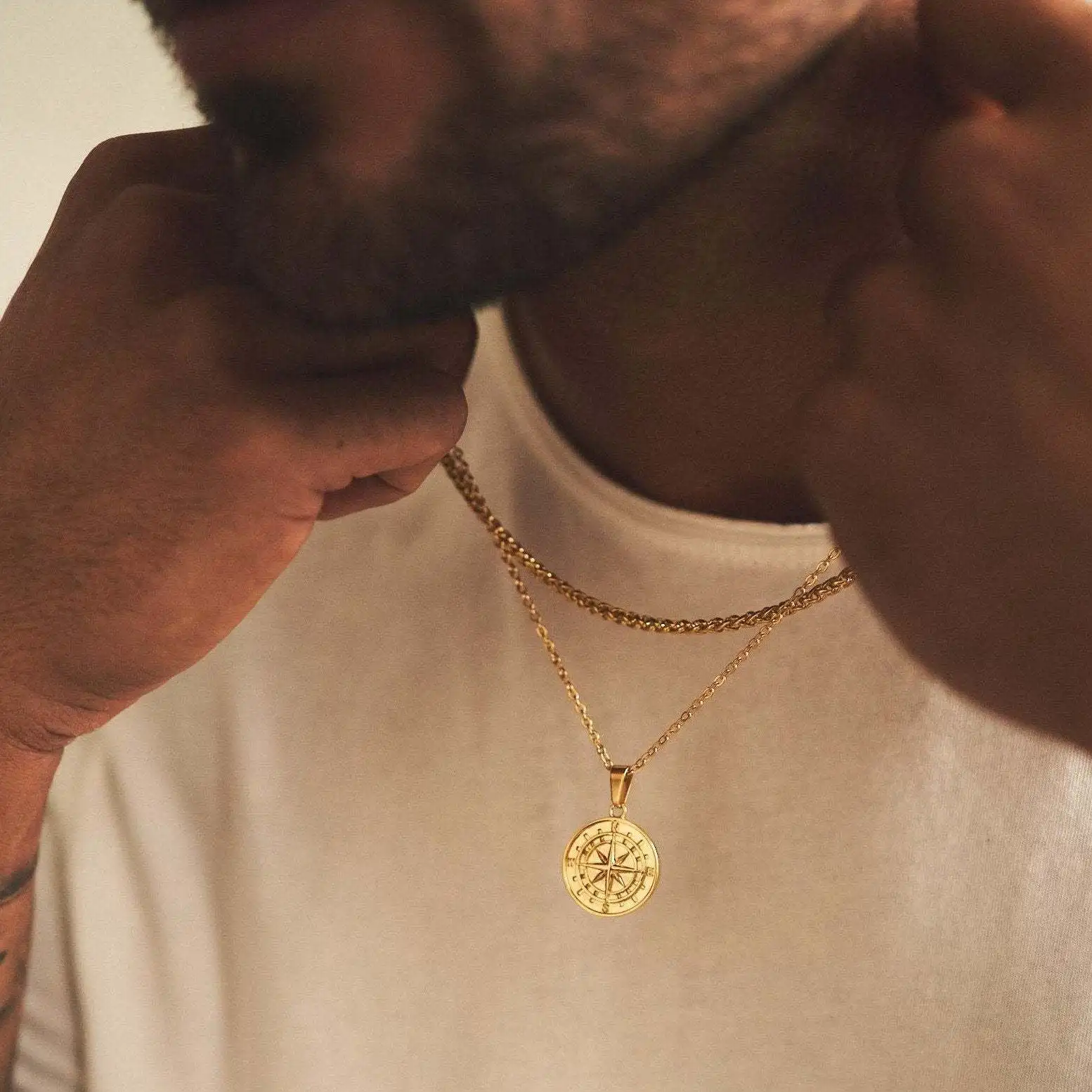 Vnox Compass Necklaces for Men, Layering Stacked Cuban Figaro Chain Necklaces, Casual Sailing Holiday Stainless Steel Boy Collar