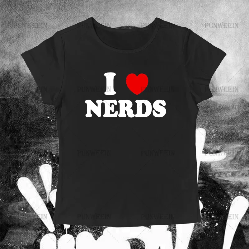 

y2k Girls Summer vintage Crop Tops Harajuku Punk I love Nerds Graphics Women T Shirt Short Sleeve Streetwear Sexy Slim Baby tees