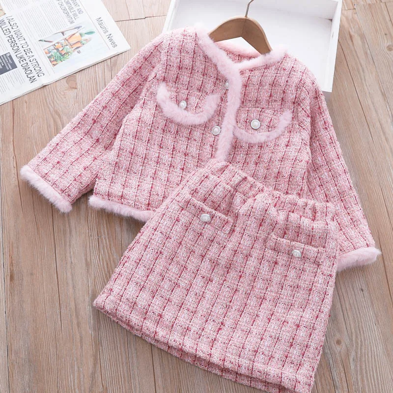 2-8 years Kids Girls Clothes Set Autumn Winter Children Princess Thick Warm Coat Outwear+Skirt Vintage Clothes Baby Sweet Suit