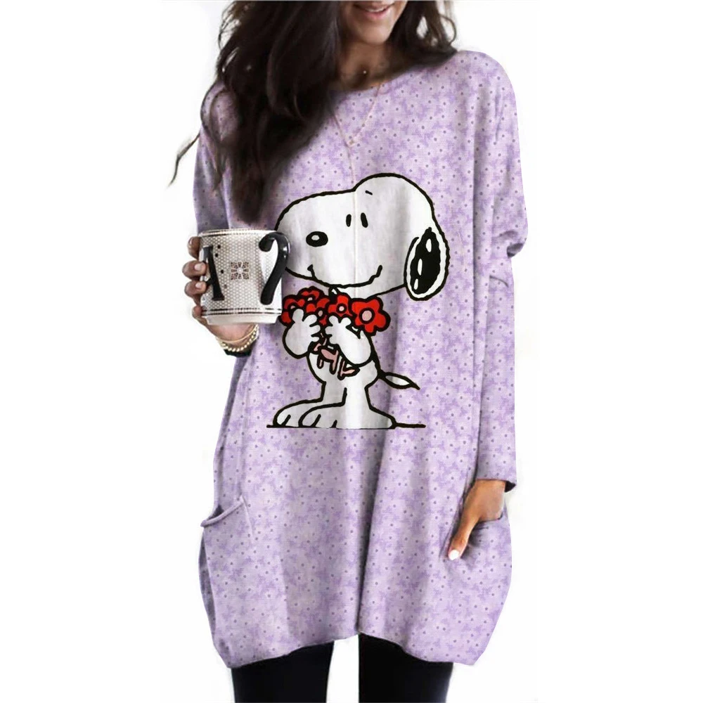 Women\'s Spring and Autumn Wear Women\'s Autumn Sports Shirt Long Sleeve Pocket T-shirt Snoopy Printed Casual Top y2k Clothes Wome