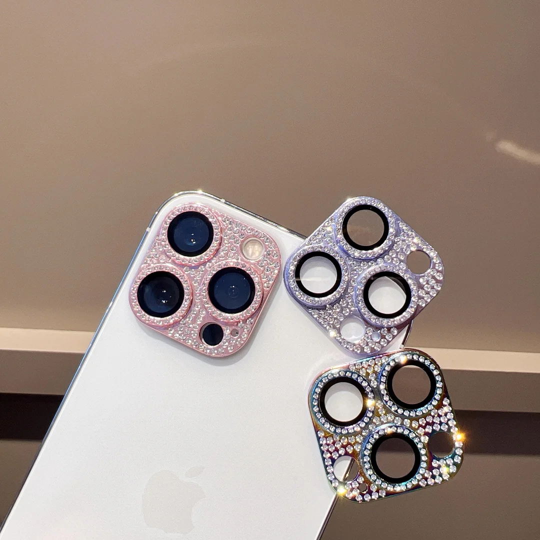 Luxury Diamond Camera Protector For IPhone 16 14 15 17 Pro Max Metal Ring Lens Tempered Glass For Iphone 12 13 Mini 14 15 Plus