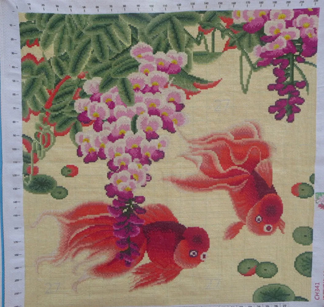 A handmade cross stitch finished product with grapes, gold, jade, and abundant fruits, featuring a new style of living room and