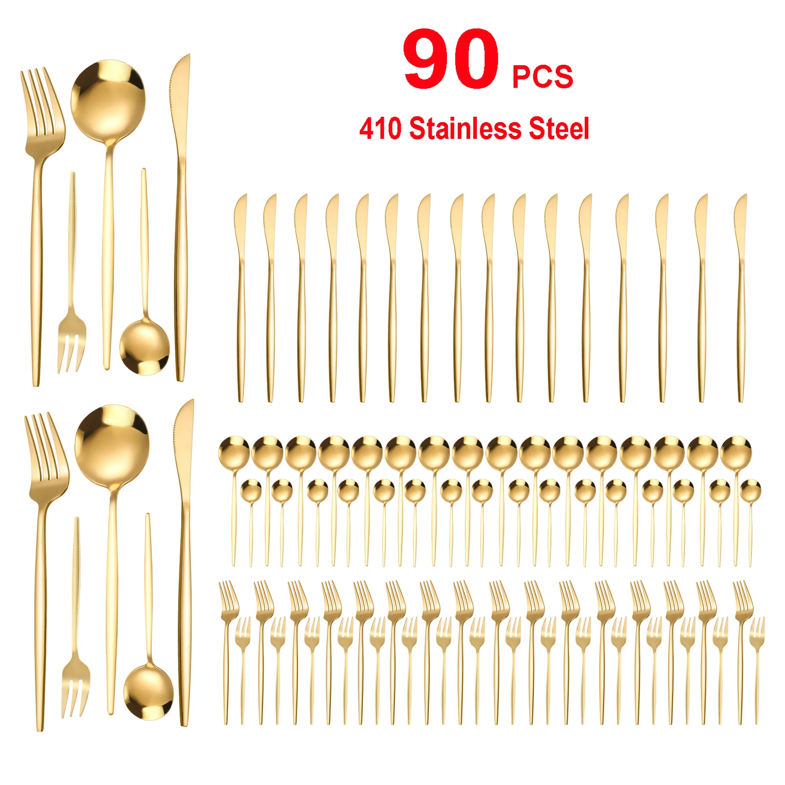 Silverware de acero inoxidable dorado de 90 piezas: cubiertos resistentes, juego de vajilla de acero inoxidable 420 para bodas, buffets, restaurantes
