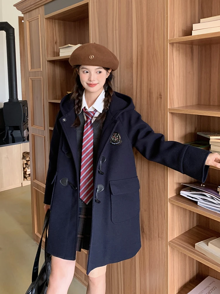 

Пальто Tokyo Annual Record JK, осенне-зимнее, с капюшоном, на пуговицах, с хлопковой подкладкой, средней длины, шерстяное, цвет Lacuna College Blue