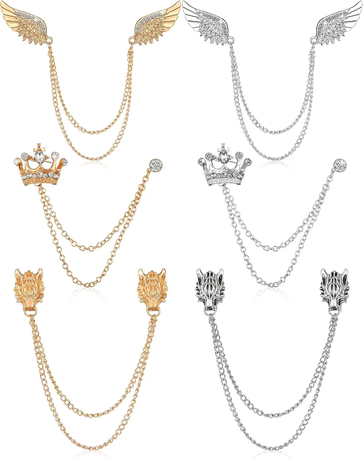 

6 Pieces Tassel Chain Brooch Collar Pins Wedding Brooches Collar Pins Wings Wolf Head Crown Lapel Suit Shirt Tuxedo Accessories