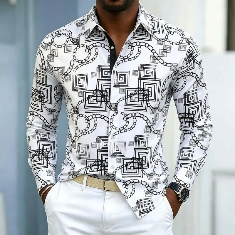 Men's shirt, light luxury style long sleeved shirt, chain patterned printed slim fit shirt, trendy business casual shirt XS-6XL