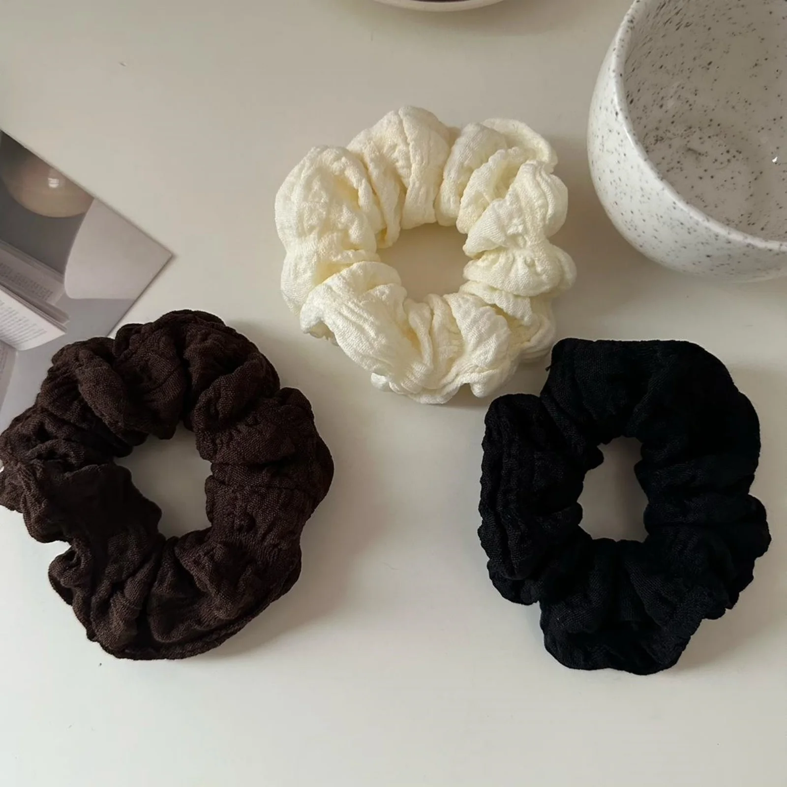 3pcs Cream Puff Scrunchies, Bun Hair Ties, Versatile Solid-color Rubber Bands, Fabric Scrunchies, Black Hair Ties, Hair Accessor