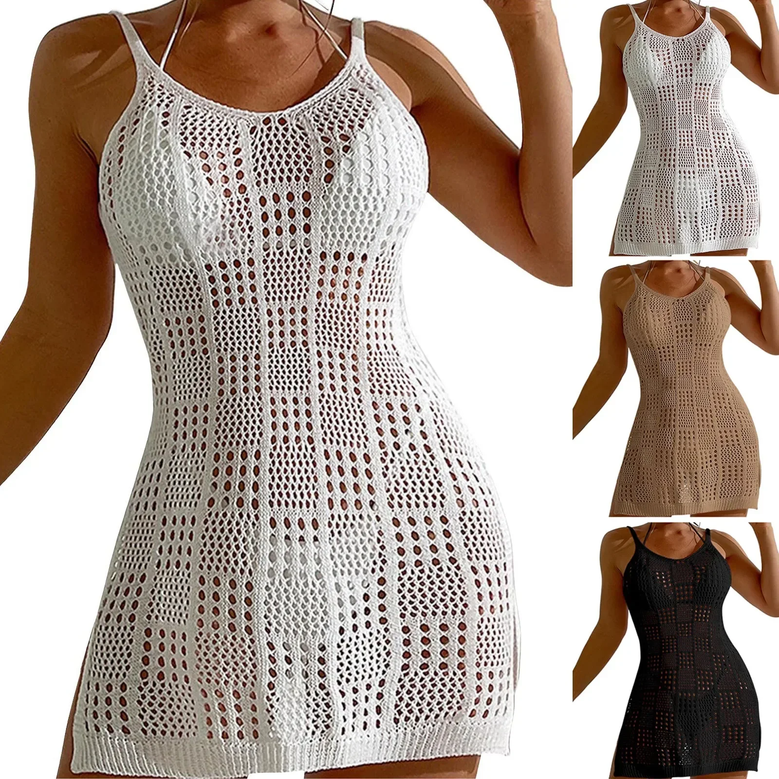 Women'S Border Vacation Swimdress Short Fashion Round Neck Plaid Texture Hollow See Through Thin Swimwear One Piece Swimsuit