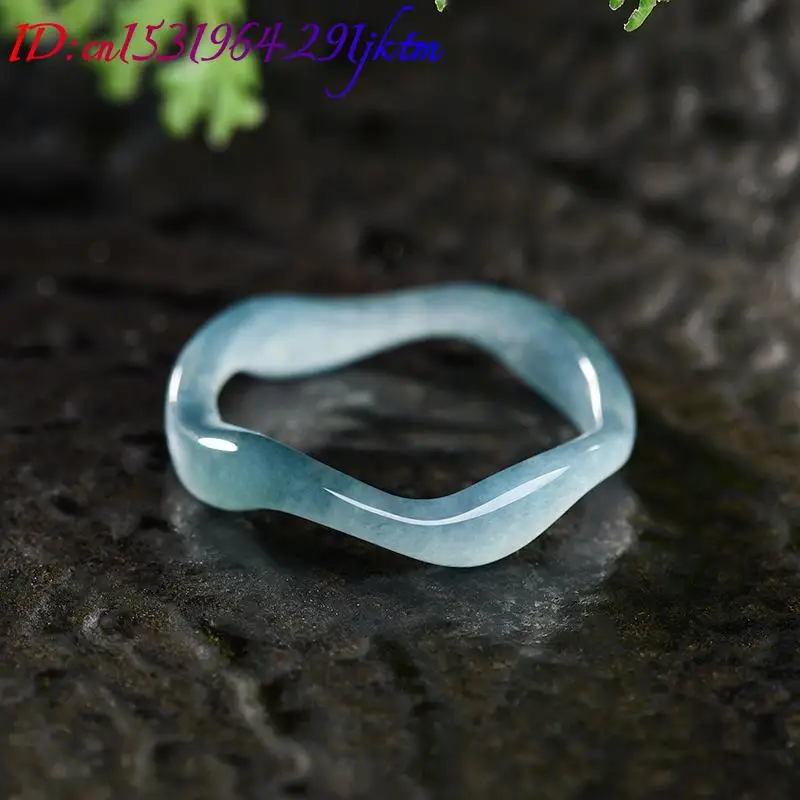 Natural Burmese Jadeite Water Wave Ring Charm Fashion Designer Luxury Amulet Vintage Carved Real Jade Gemstone Gifts for Women