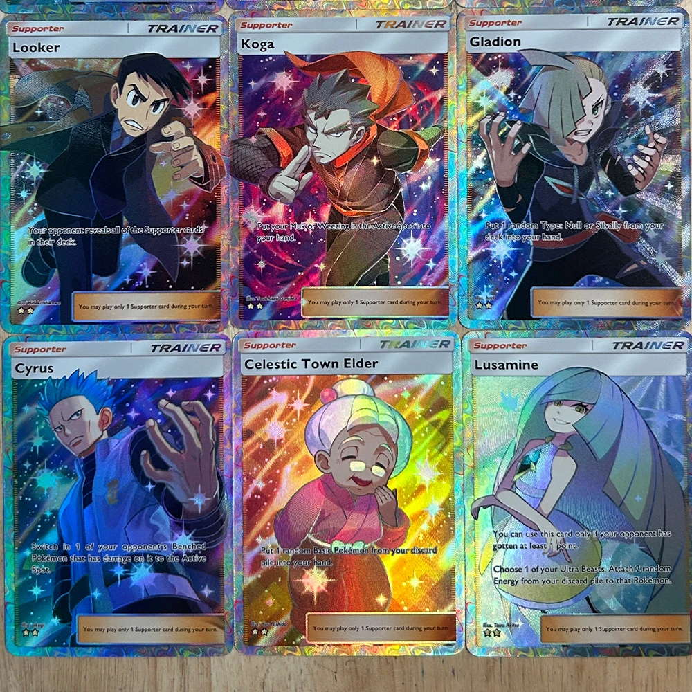 

9Pcs/set Anime PTCG Trainer Series Collection Card Koga Adaman Lusamine English Refractive Color Flash Card Child Gifts