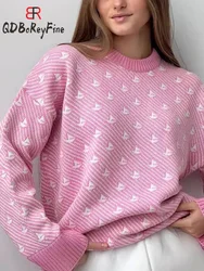 Winter Women Oversized Sweater Printed Long Sleeve Top Autumn Casual Loose Jumper Pink Thick Warm Knitted Pullovers for Women