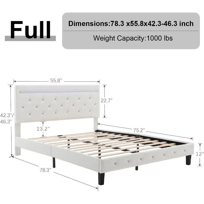 Full Size Bed Frame with LED Lights, Upholstered Platform Bed Frame, Adjustable Headboard with Charging Station, White