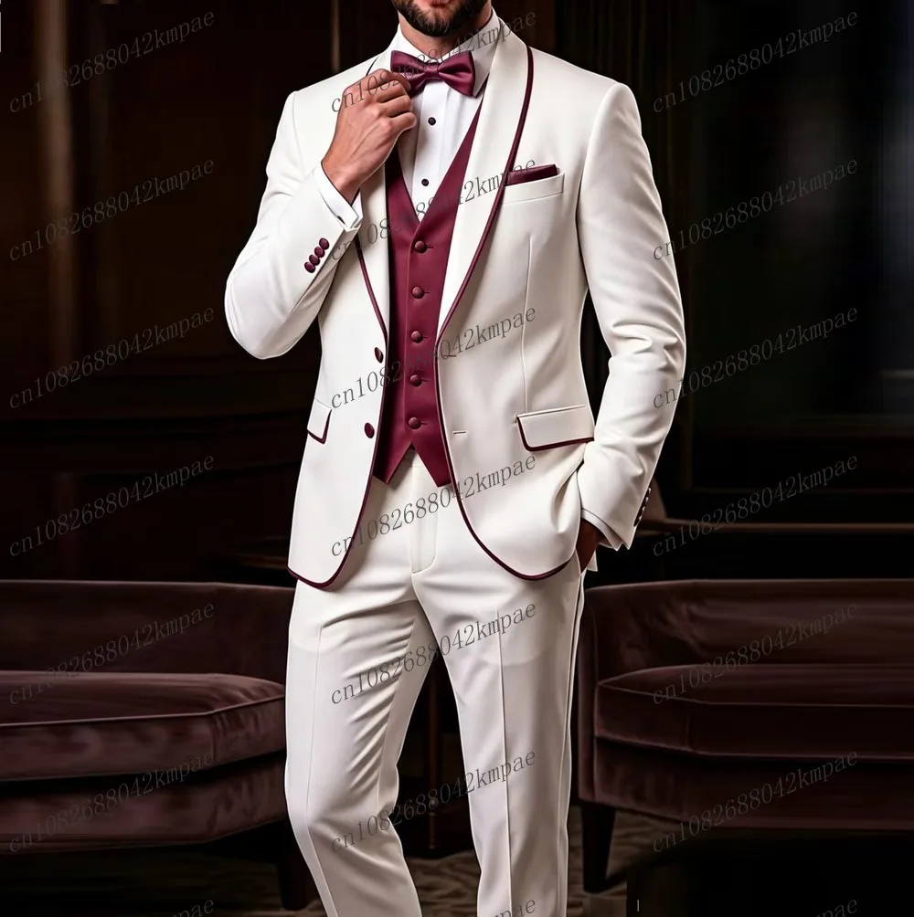 Traje formal nuevo blanco y burdeos para hombre, traje de novio, traje de padrino, traje de boda, traje de fiesta, traje de negocios, esmoquin masculino de 3 piezas, conjunto de blazer, chaleco y pantalones